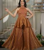 Brown silk blend beads palazzo set