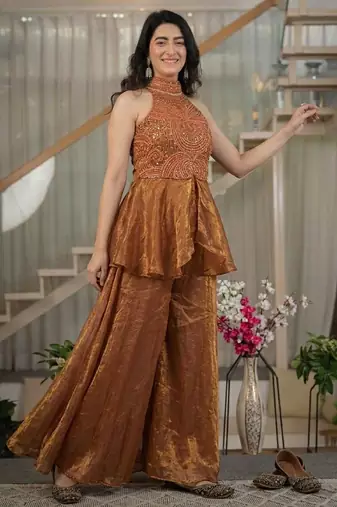 Brown silk blend beads palazzo set
