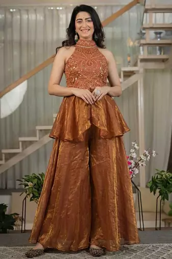 Brown silk blend beads palazzo set