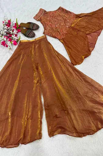 Brown silk blend beads palazzo set