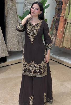 Brown silk blend embroidered palazzo set 2