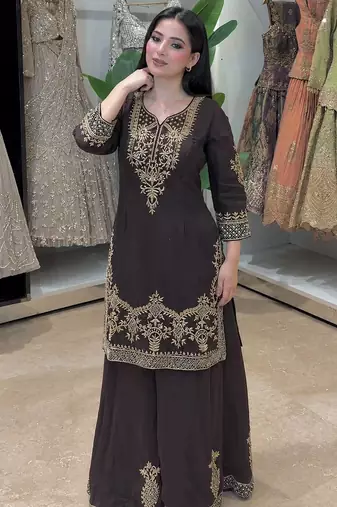 Brown silk blend embroidered palazzo set