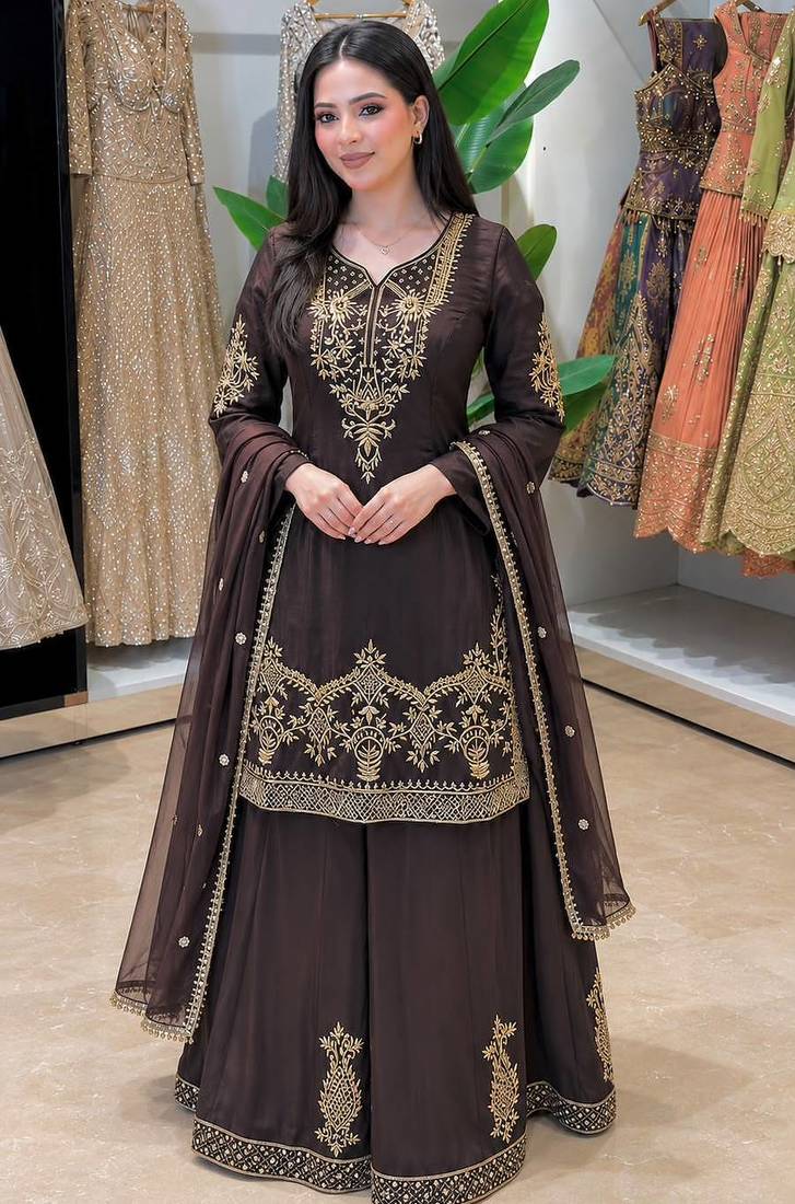Brown silk blend embroidered palazzo set