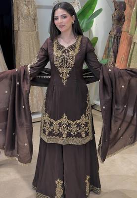 Brown silk blend embroidered palazzo set 3