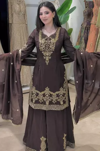 Brown silk blend embroidered palazzo set