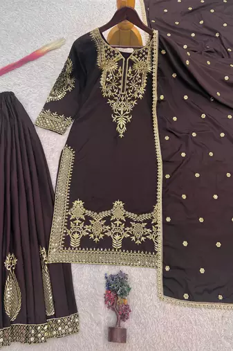 Brown silk blend embroidered palazzo set
