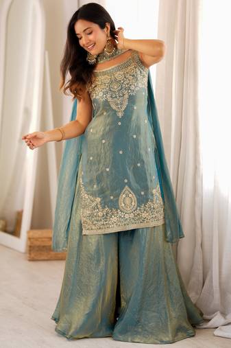 Blue silk blend embroidered sharara set