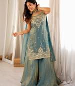 Blue silk blend embroidered sharara set