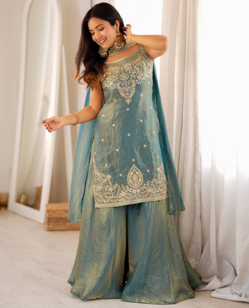 Blue silk blend embroidered sharara set