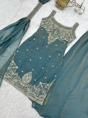 Blue silk blend embroidered sharara set 4