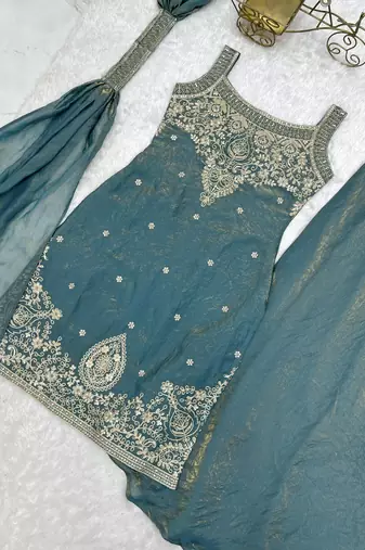 Blue silk blend embroidered sharara set