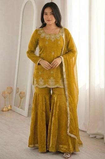Mustard silk blend embroidered sharara set