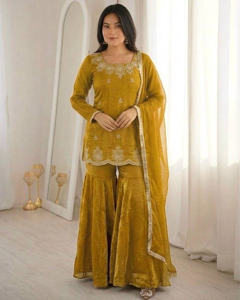 Mustard silk blend embroidered sharara set