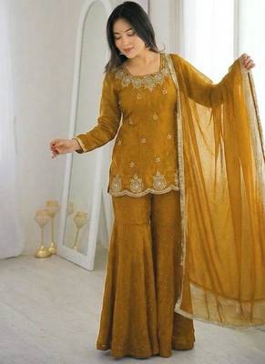 Mustard silk blend embroidered sharara set 2