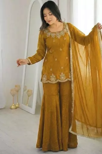 Mustard silk blend embroidered sharara set