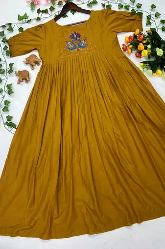 Women's new trendy mustard pleated maxi dress with intricate peacock beadwork