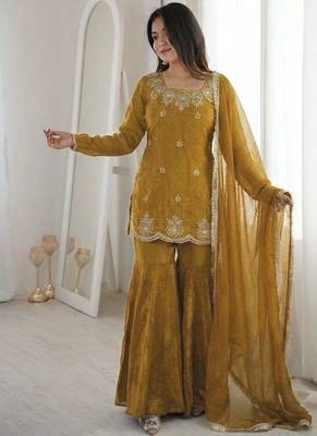 Mustard silk blend embroidered sharara set 3