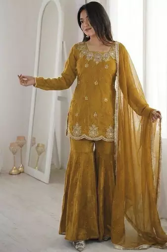 Mustard silk blend embroidered sharara set