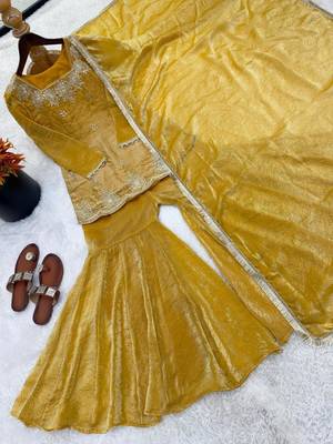 Mustard silk blend embroidered sharara set 4