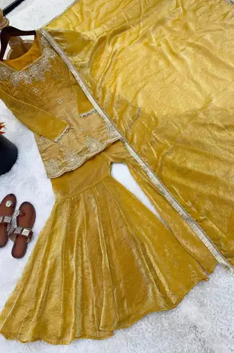 Mustard silk blend embroidered sharara set