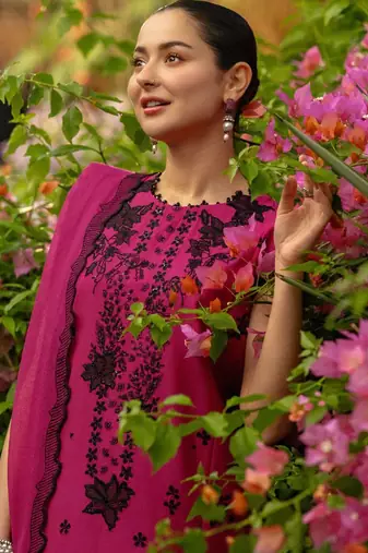Rani-pink silk blend thread kurta set