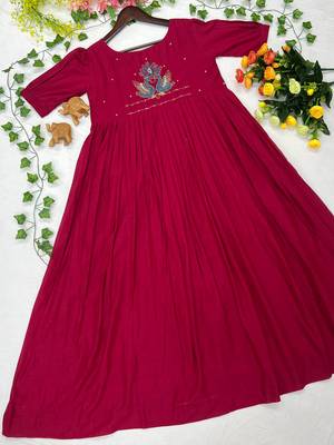 Women's rani pink pleated maxi dress with intricate peacock beadwork 2