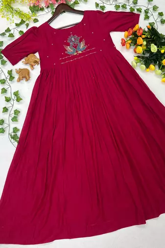Women's new trendy rani pink pleated maxi dress with intricate peacock beadwork