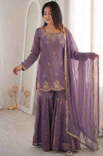 Lavender silk blend embroidered sharara set