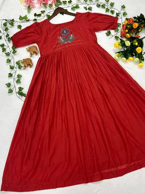 Women's red pleated maxi dress with intricate peacock beadwork 2
