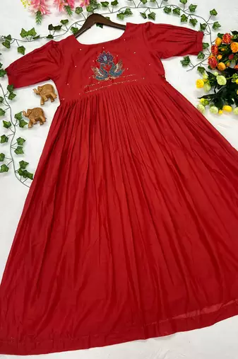 Women's new trendy red pleated maxi dress with intricate peacock beadwork