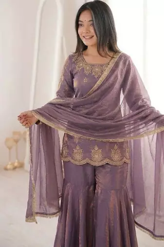 Lavender silk blend embroidered sharara set