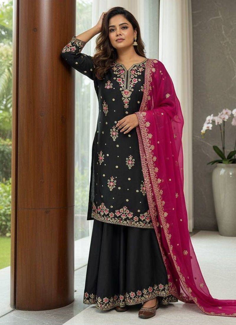 Black georgette embroidered palazzo set