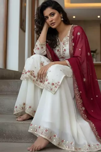 White georgette embroidered palazzo set