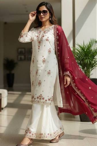 White georgette embroidered palazzo set
