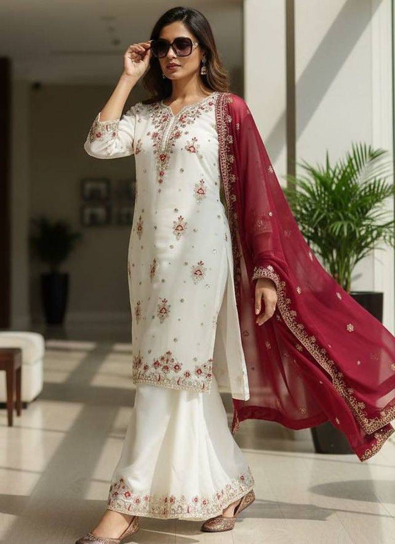 White georgette embroidered palazzo set