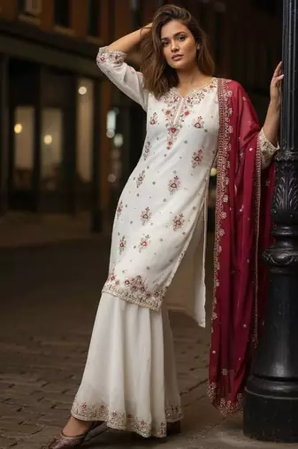 White georgette embroidered palazzo set