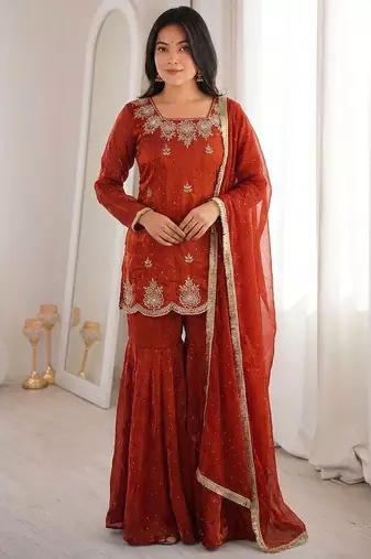 Orange silk blend embroidered sharara set