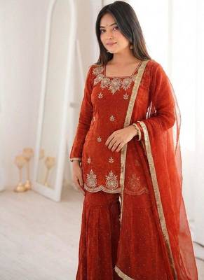 Orange silk blend embroidered sharara set 3