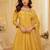 Yellow silk blend embroidered flared gown set