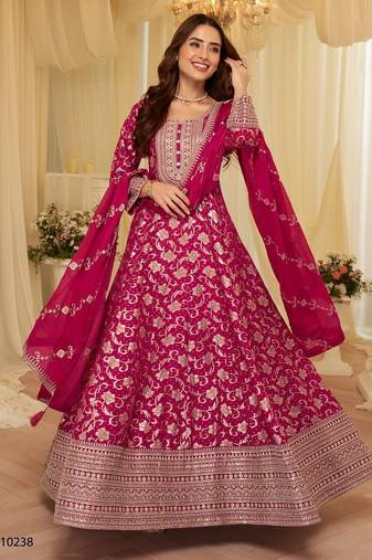 Pink silk blend embroidered flared gown set
