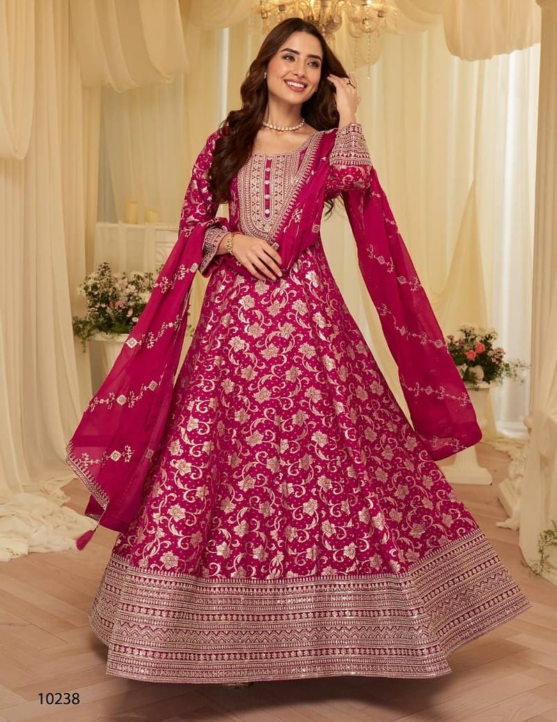 Pink silk blend embroidered flared gown set