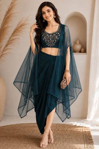 Teal-blue silk blend embroidered skirt