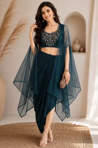 Teal-blue silk blend embroidered skirt