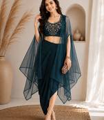 Teal-blue silk blend embroidered skirt