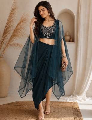 Teal-blue silk blend embroidered skirt 3
