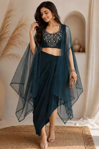 Teal-blue silk blend embroidered skirt