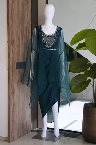 Teal-blue silk blend embroidered skirt