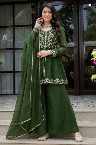Dark-green silk blend embroidered palazzo set