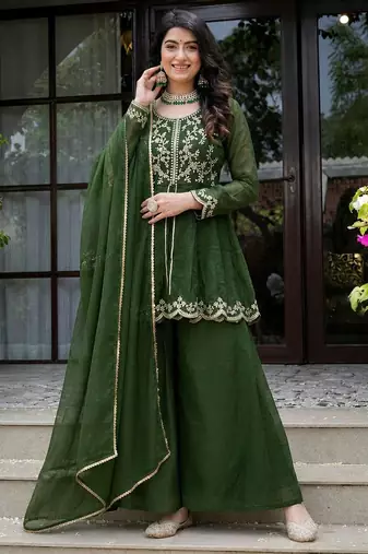 Dark-green silk blend embroidered palazzo set