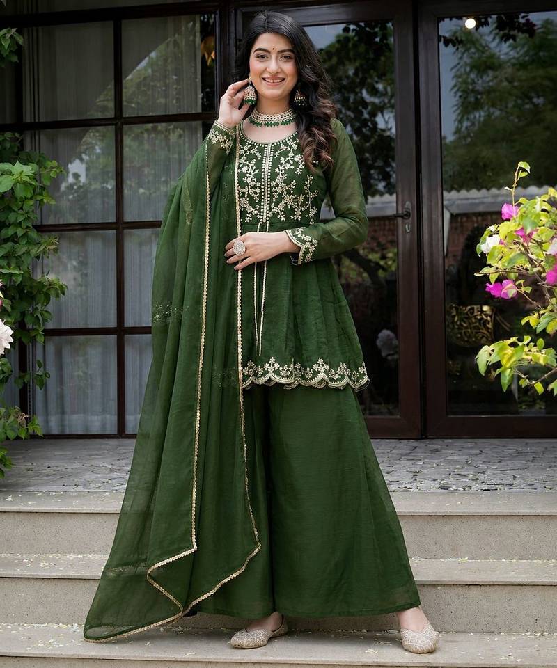 Dark-green silk blend embroidered palazzo set